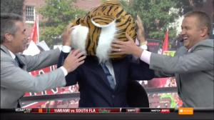 Lee Corso (center) picked LSU as the national championship, and Kirk Herbstreit (to his left) picked LSU as runners-up to Ohio St.