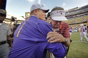 Steve Spurrier and Les Miles after what turned out to be Spurrier's last game as 